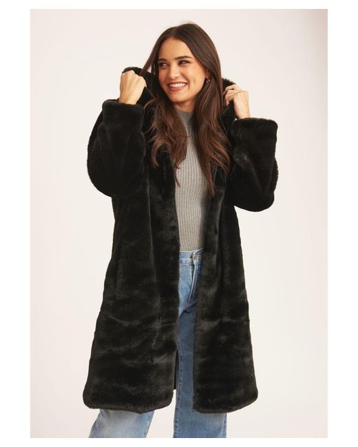 Gini London Black Faux Fur Hooded Longline Coat