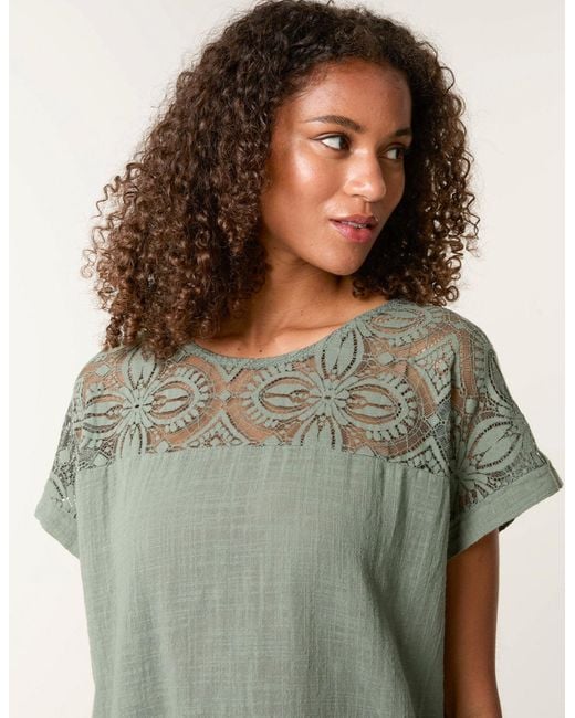 Blue Vanilla Green Lace Pattern Cotton Top