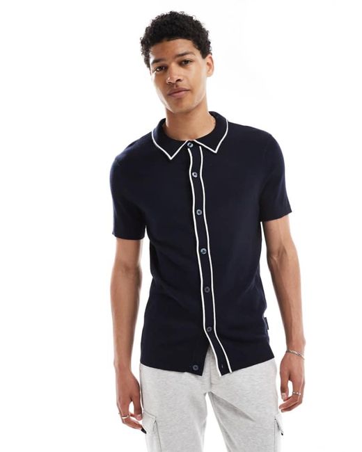 French Connection Blue Tipped Knitted Button Through Polo for men