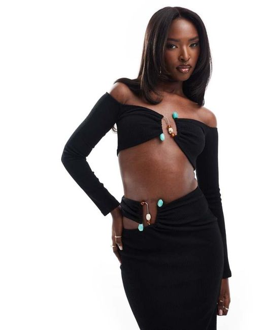 ASOS Black Co-Ord Trim Detail Bardot Crop Top