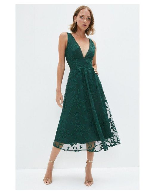 Coast Green Petite Deep V Full Skirt Embroidered Midi Dress