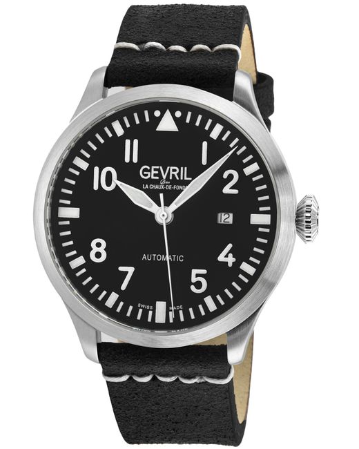 Gevril Black Vaughn Swiss Automatic Sellita Sw400 Genuine Leather Watch for men