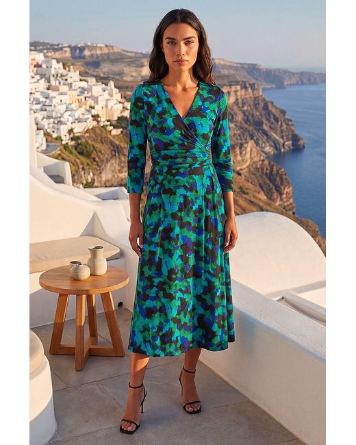 Roman Green Abstract Print V-Neck Stretch Midi Dress