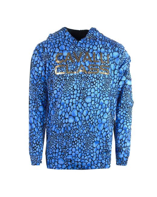Roberto Cavalli Blue Leopard Print Cotton Blend Hoodie for men