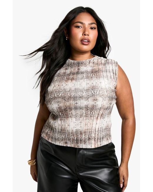 Boohoo Black Plus High Neck Plisse Snake Top