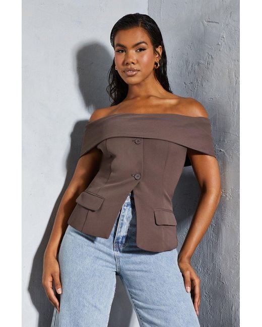 MissPap Gray Tailored Bardot Sleeveless Blazer Top