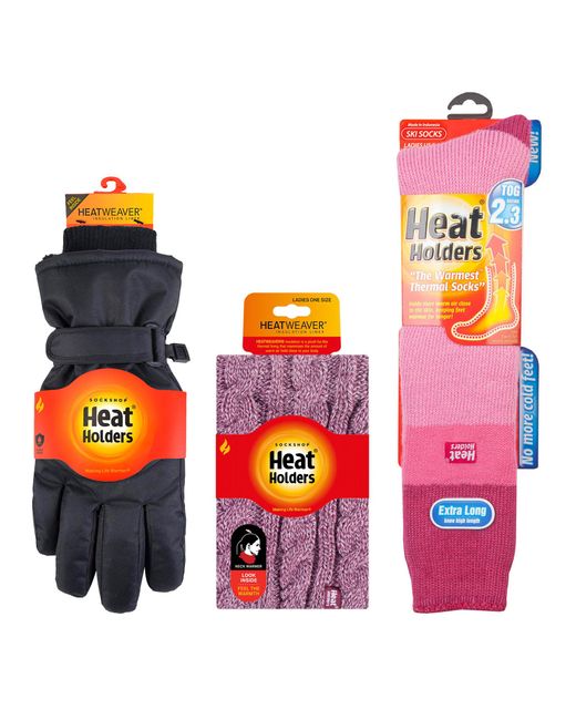 Heat Holders Pink Ladies Ski Set Neck Warmer Gloves & Thermal Ski Socks Winter Wear