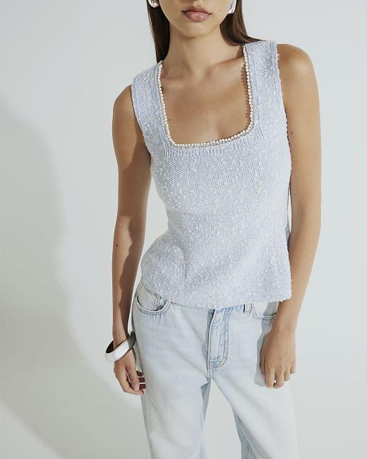 River Island Blue Vest Boucle Embellished Trim