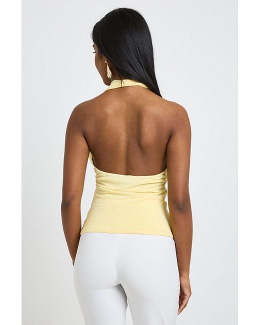 Boohoo Yellow Textured Deep Plunge Halter Neck Top