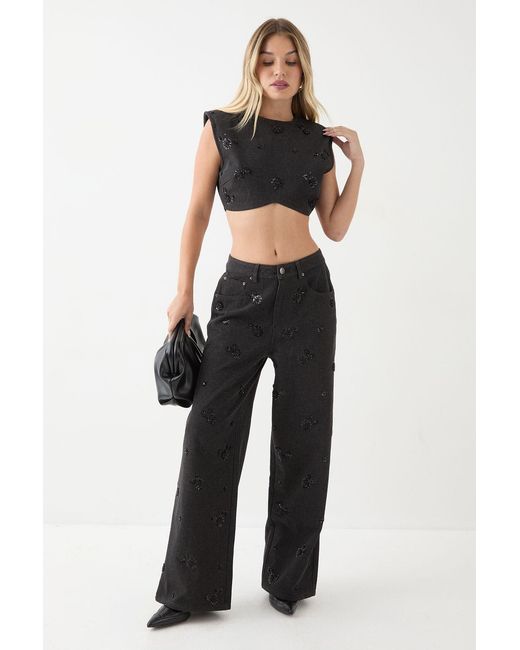 MissPap Black Denim Embellished Crop Top
