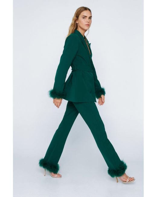 Nasty Gal Green Feather Trim Co-Ord Flared Trousers