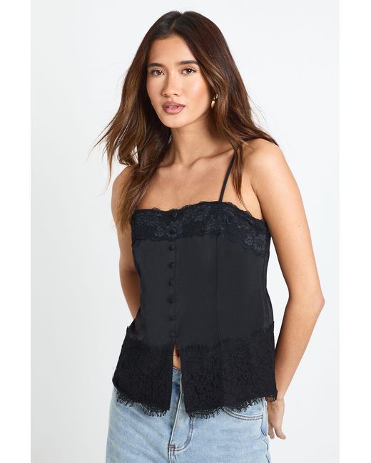 Boohoo Blue Satin Lace Mix Button Up Cami