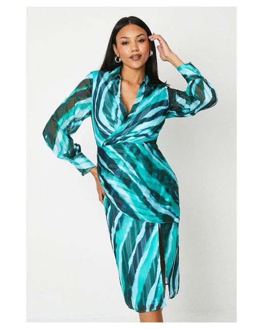 Coast Blue Printed Satin Wrap Front Shirt Dress