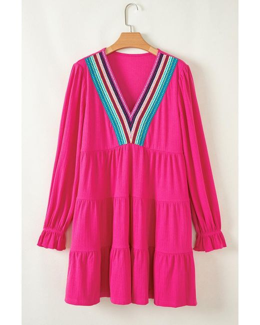 Azura Exchange Pink Colorful Crochet V Neck Textured Tiered Ruffled Long Sleeve Mini Dress