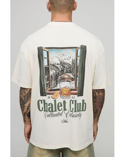 BoohooMAN Gray Ecru Oversized Extended Neck Chalet Mountain Alps Landscape T-Shirt for men
