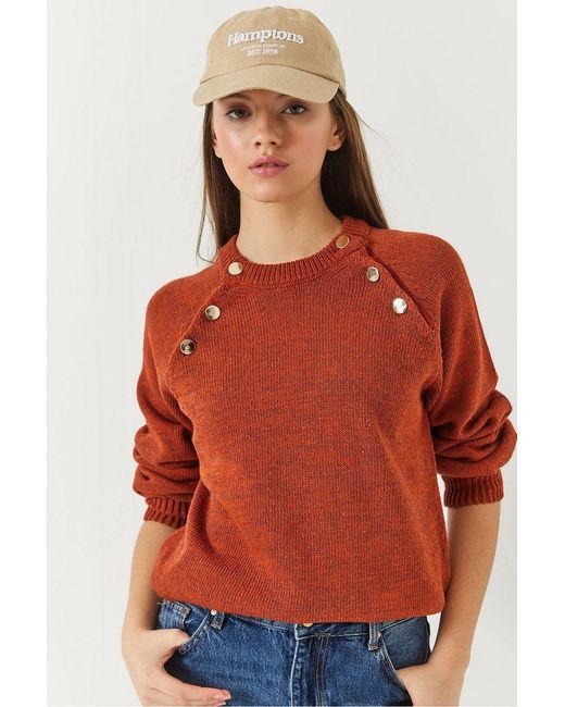 Bianco Lucci Textured Knitwear Crew Neck Sweater With Buttons