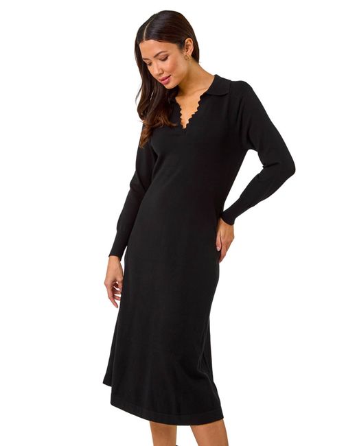 Roman Black Scallop Detail Knitted Midi Dress