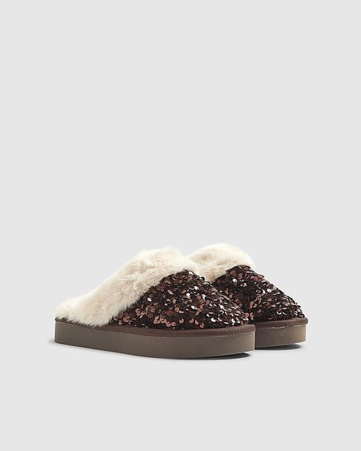 River Island Brown Mule Slippers Sequin