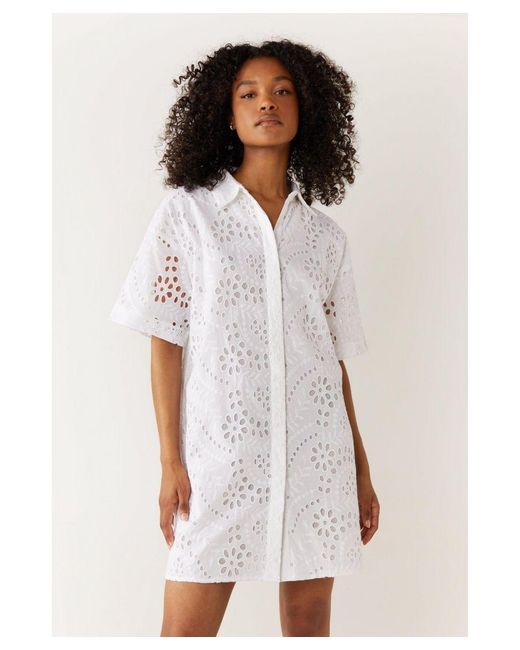 Warehouse White Broderie Mini Shirt Dress