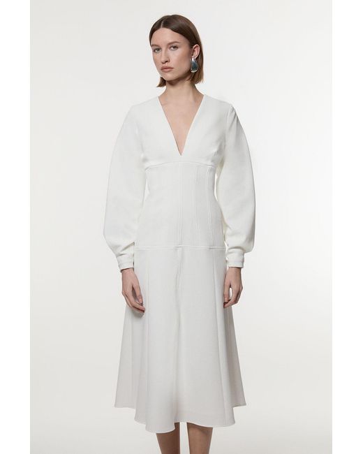 Karen Millen White Textured Tailored Dropped Waist Sleeved Midaxi Dress