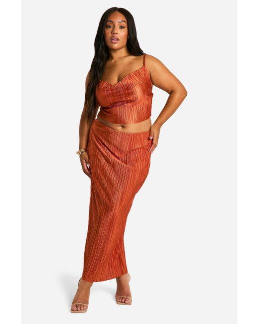 Boohoo Red Plus Plisse Cami Top & Midaxi Skirt Co Ord