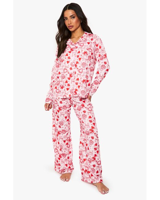 Boohoo Petite Mixed Bow Heart Print Long Sleeve Shirt Pants