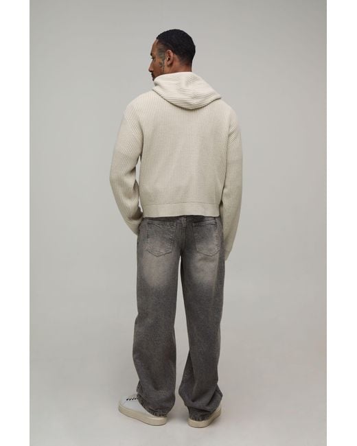BoohooMAN Natural Boxy Fit Ribbed Knitted Hoodie for men