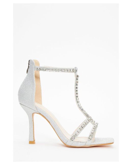 Quiz White Shimmer Diamante Stone T-Bar Heeled Sandals