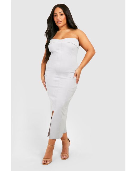 Boohoo White Plus Bengaline Bandeau Utility Midaxi Dress