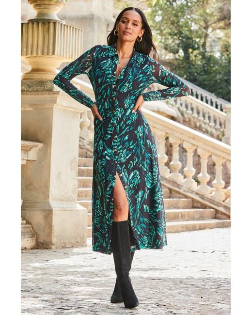 Sosandar Blue Butterfly Print Mesh Shirt Dress Jersey