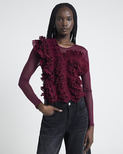 River Island Red Bodysuit Mesh Frill Long Sleeve
