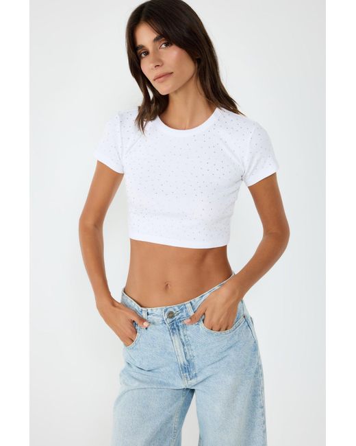 No Matter What Topstudded Crop Top Met Volledige Steenversiering in het White