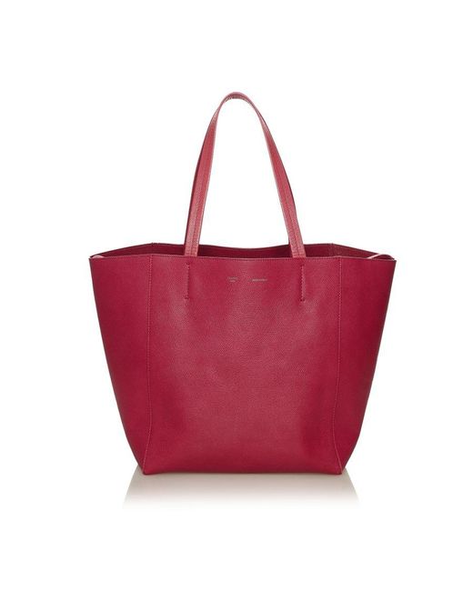 Céline Vintage Horizontal Cabas Leather Tote Bag Red Calf Leather
