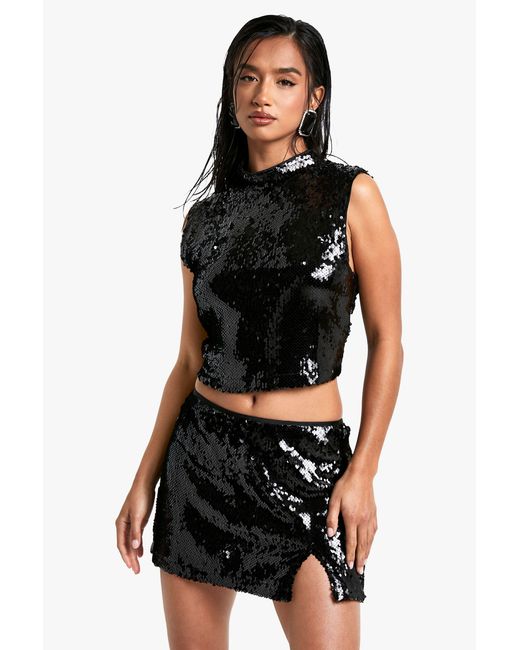 Boohoo Black Petite Sequin High Neck Top