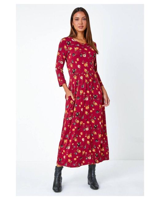 Roman Red Floral Print Pocket Detail Midi Dress