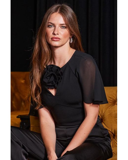 Sosandar Black Corsage Keyhole Detail Angel Sleeve Top