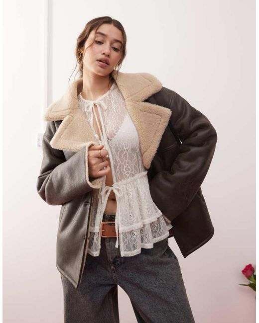 Miss Selfridge Natural Contrast Borg Faux Leather Jacket