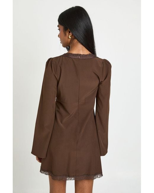 Boohoo Brown Flared Sleeve Lace Trim Mini Dress