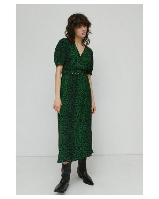 Warehouse Green Short Sleeve Wrap Midi Dress