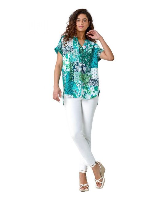 Roman Blue Patchwork Print Woven V-Neck Pleat Front Top