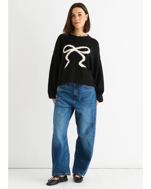 Gini London Blue Embossed Contrast Bow Short Knit Jumper