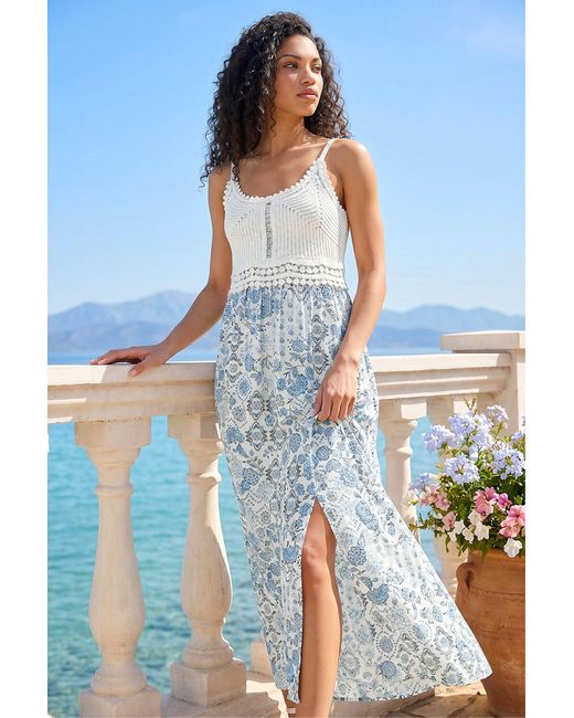 Roman Blue Petite Print Crochet Midi Dress