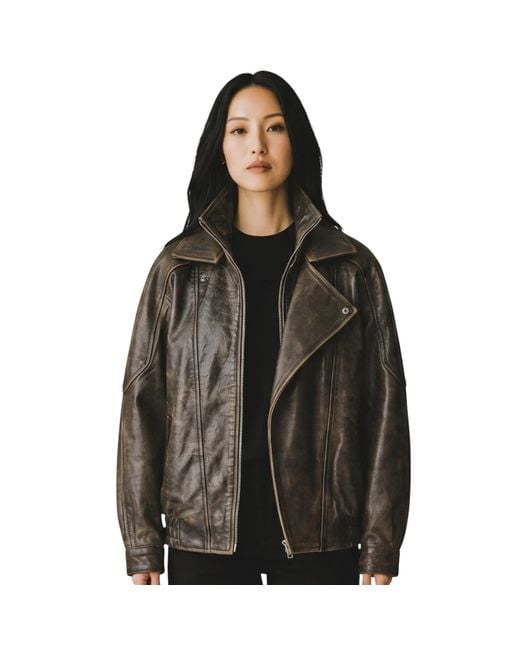 Infinity Leather Black Cow Big Bomber Biker Blouson Oversized Jacket