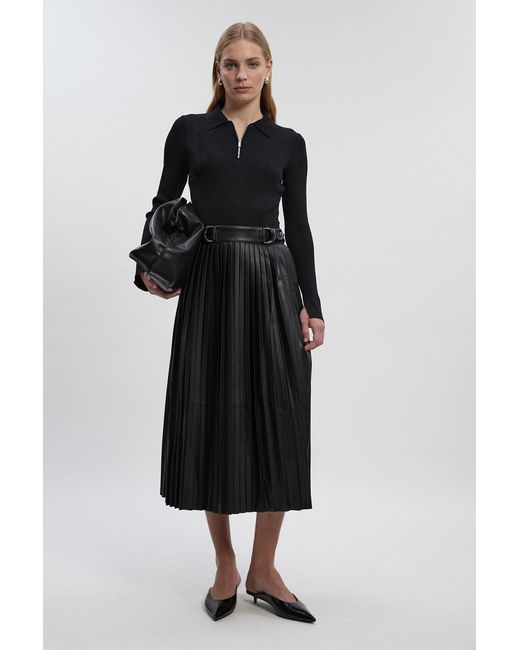 Karen Millen Black Petite Knitted Zip Neck Pu Mix Pleated Midi Dress
