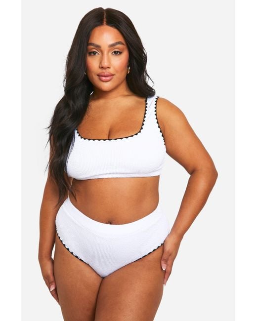 Boohoo White Plus Crinkle Contrast Edge High Waisted Bikini Brief