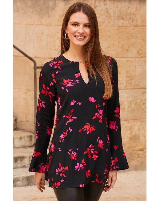 Sosandar Black Print Keyhole Detail Tunic Top