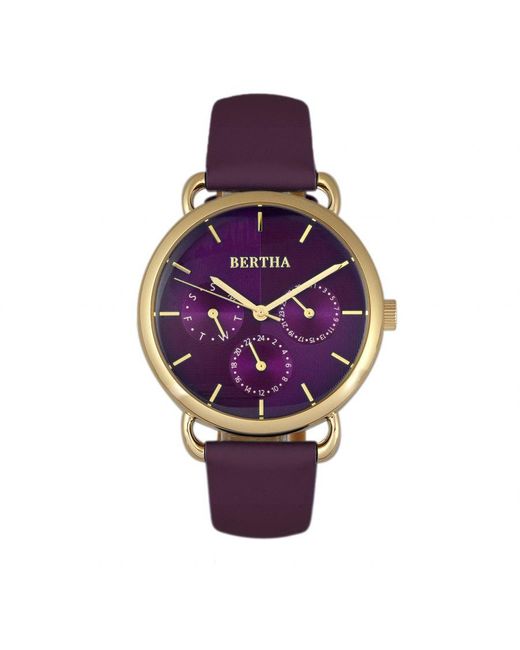 Bertha Gwen Lederen Band Horloge Met Dag/datum in het Purple