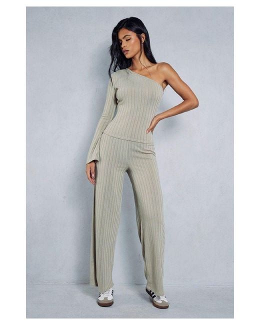 MissPap Blue Ribbed Flare One Sleeve Trouser Co-Ord