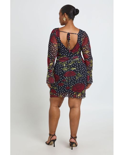 Boohoo Red Plus Slash Neck Mixed Rose Print Flare Sleeve Mini Dress
