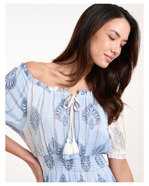 Blue Vanilla Blue Printed Bardot Tassel Midi Dress